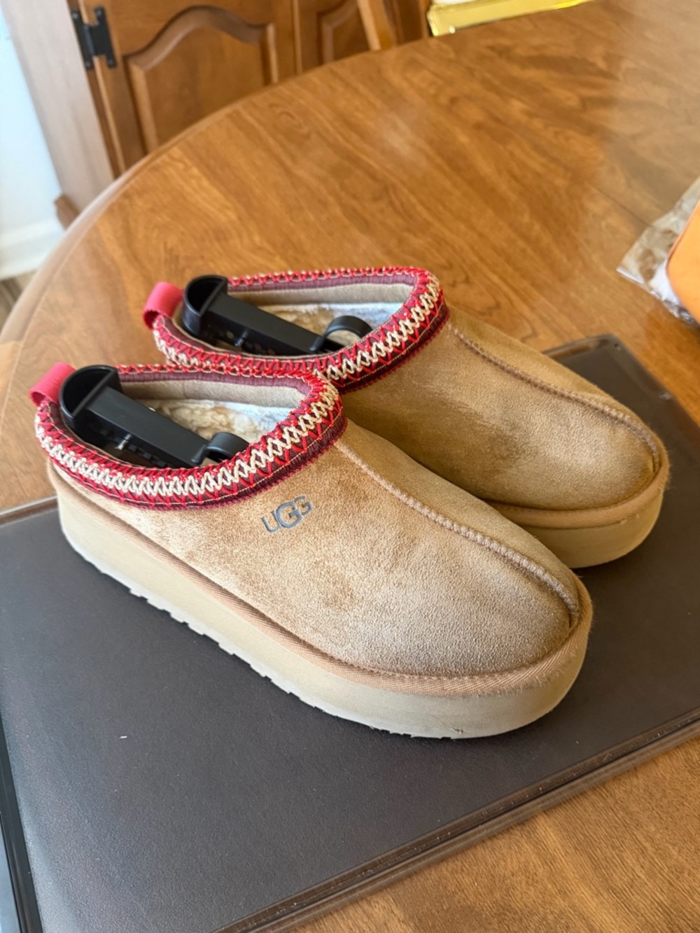 UGG Tazz II Tan Suede Platform Slip-On Mules with Red Trim size 8
